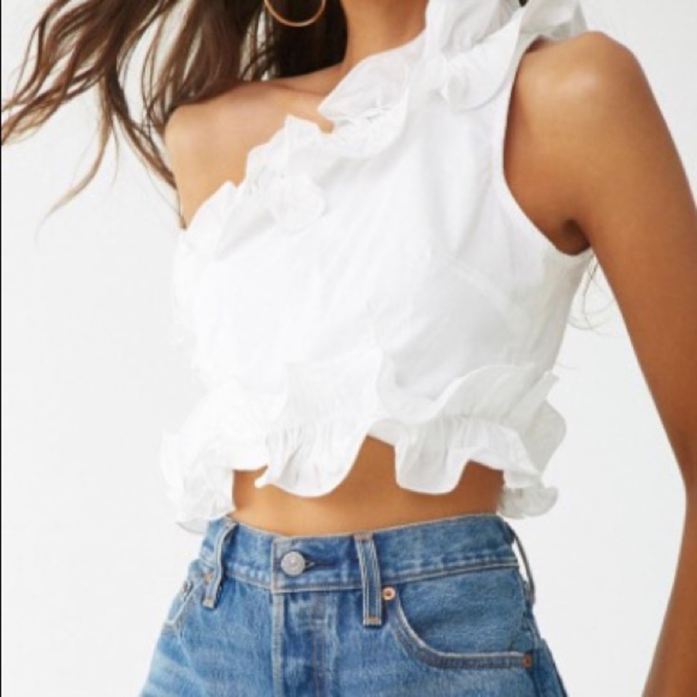 Forever 21 White Ruffled One-Shoulder Top